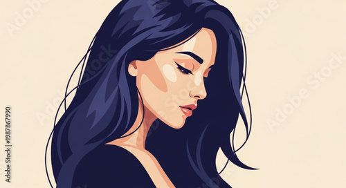 Beautiful Woman with Long Dark Hair Portrait Illustration.
