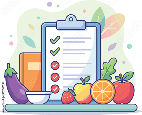 Healthy Eating Checklistwith Fresh Fruits Vegetables Clipboard Illustration Vector Art