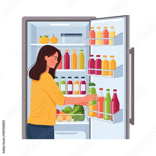 A vector illustration of a young woman with long dark hair organizing colorful fruit juice bottles and fresh vegetables inside an open modern refrigerator against a white background.