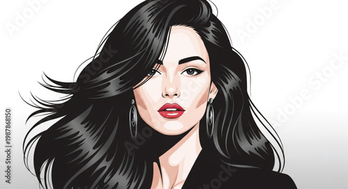 Beautiful Woman with Long Flowing Black Hair.