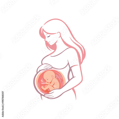 Pregnant Woman Holding Baby in Womb Flat Illustration