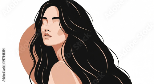 Beautiful Woman with Long Flowing Black Hair Illustration.