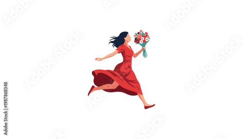 A woman in red dress running with a bouquet of flowers