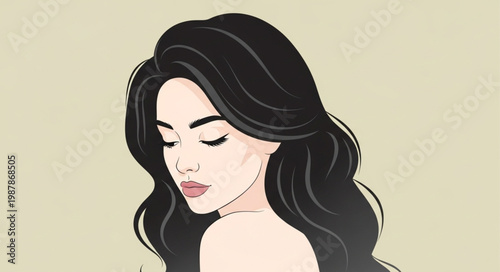 Beautiful Woman with Long Wavy Black Hair.