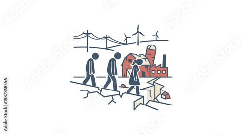 People Walking Over Cracked Ground Towards Industrial Landscape