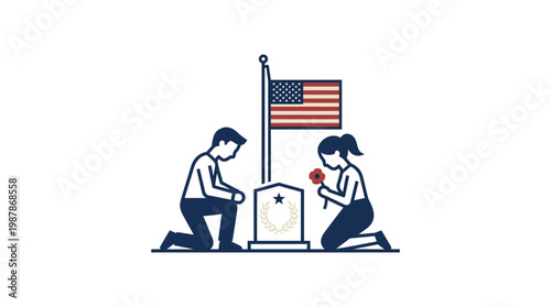 Grieving Couple Kneels At Grave With American Flag