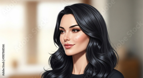 Beautiful Woman with Long Wavy Black Hair.