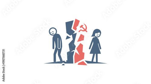 Separated Man and Woman with Broken Wall Symbolizing Communism