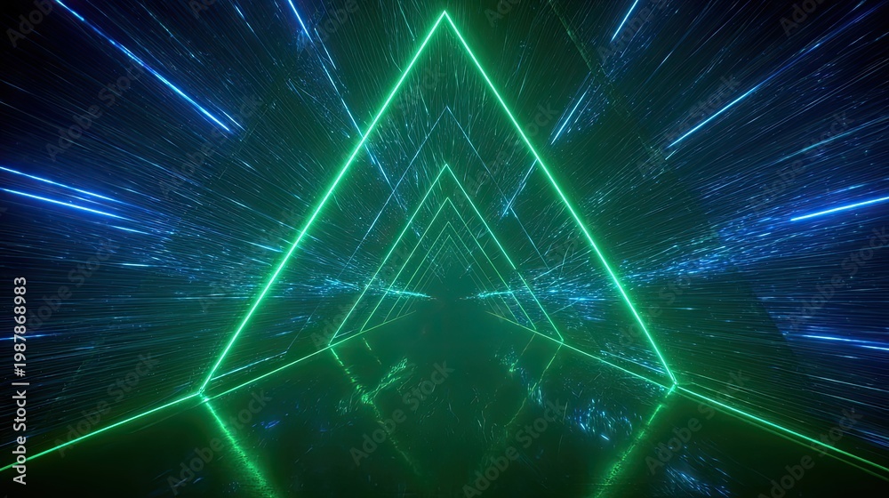Obraz premium Futuristic neon tunnel with glowing green lines and blue light streaks creating a dynamic perspective