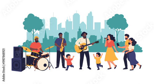 Diverse live band performing on an outdoor stage in a city park for a group of people and children dancing to the music.