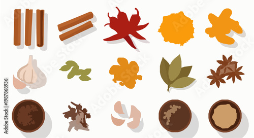 Flat Lay Spices and Herbs Vector Set Colorful Cooking Ingredients Food Illustration Collection