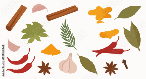 Colorful Spices Flat Lay Vector Illustration Herbs and Seasoning Food Design Set