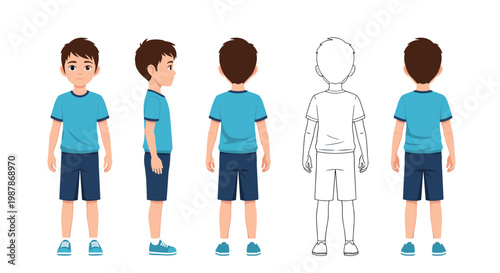 Character design reference showing a young boy in a blue shirt and shorts from different angles including front and back views.
