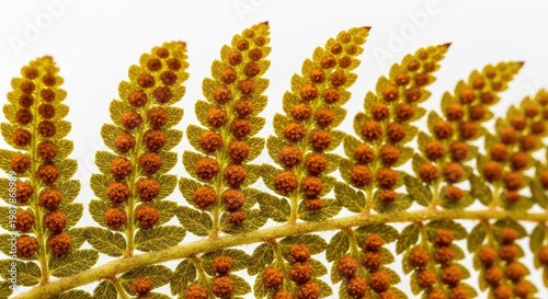 Close-up macro of a fern frond with visible sori