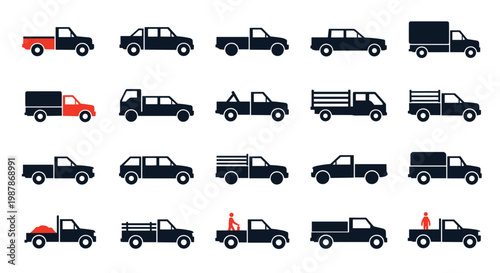 Large set of black and white truck and pickup icons showing various body styles and configurations for transport and logistics.