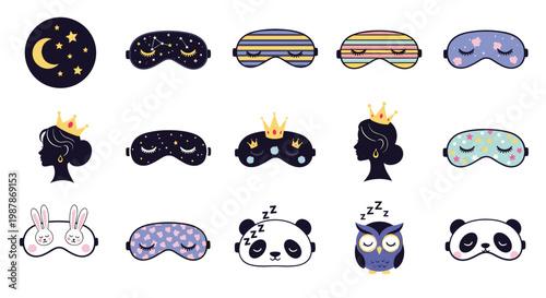 Collection of cute sleep masks with different patterns and characters along with night themed icons like the moon and stars.