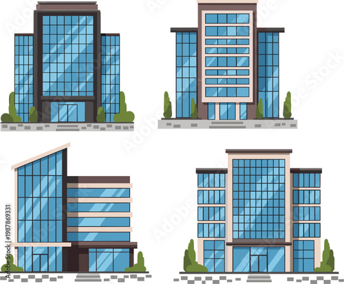 Modern Corporate Office Buildings Set With Blue Glass Facades Urban Architecture Infrastructure and Business Center Exterior Vector Illustrations