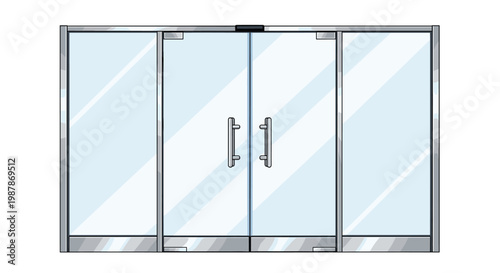 Contemporary automatic double glass sliding doors with sleek silver metallic frame and handles for modern commercial building.