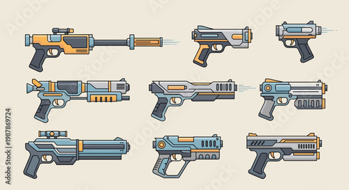 Selection of futuristic sci-fi blaster weapon designs in a stylized video game asset illustration format for digital artists.