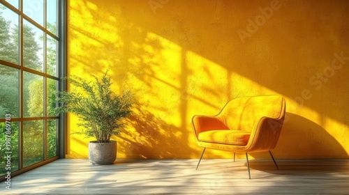 Sunny yellow room with armchair