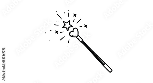 Simple hand drawn doodle of a magic wand with a heart shaped tip emitting magical sparks and a small bright star.