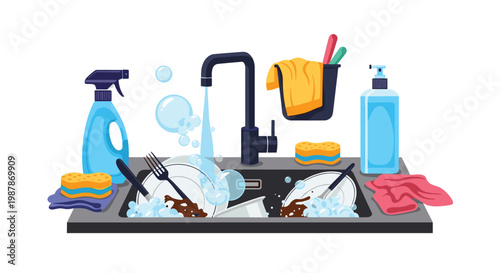 Vector illustration of a kitchen sink filled with dirty dishes soap bubbles and cleaning supplies being washed under running water.