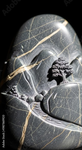 Stone Carving of a Mountain Landscape.