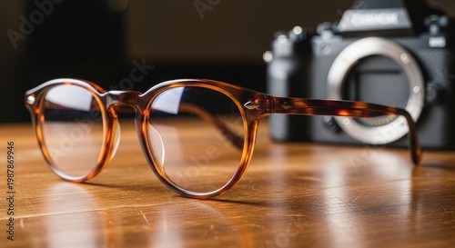 Stylish Eyeglasses on Wooden Surface with Camera.