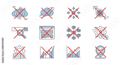 Collection of Forbidden Icons Indicating Restrictions on Cloud Services Web Search and Business Operations