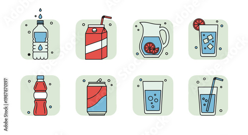 Collection of Fresh Beverage Icons Water Bottle Juice Box Pitcher Glass Soda Can