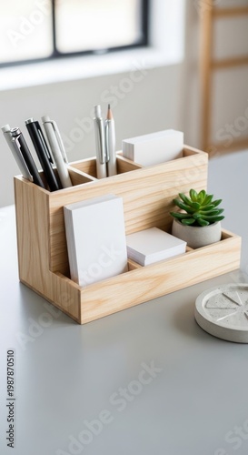 Wooden Desk Organizer with Pens and Accessories.