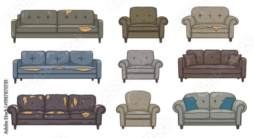 Selection of old worn out and torn sofas and armchairs in different styles and colors for used furniture and renovation concepts.