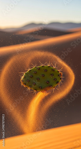 Dreamlike desert atmosphere featuring a floating cactus pad and warm orange light with shimmering heat for wellness retreat branding and relaxation therapy content