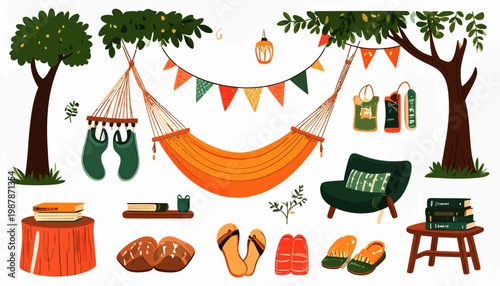 Camping gear and accessories arranged.