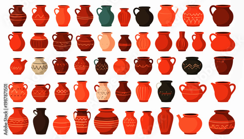 Collection of various clay pottery vases.