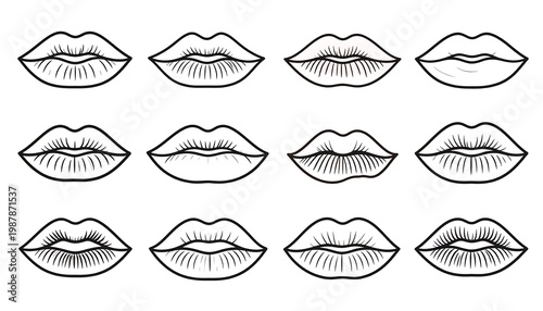 A collection of stylized, black and white lip illustrations, varying in shape and detail, arranged in rows