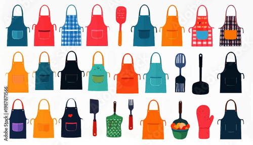 Colorful aprons and kitchen utensils set.