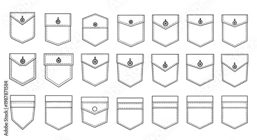 Detailed line art collection of different clothing pocket styles and designs including flaps buttons and stitching details.