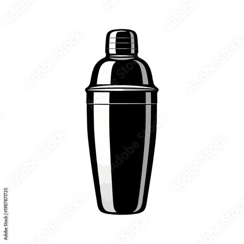 A vector illustration of a three-piece cobbler cocktail shaker in a high-contrast black and white graphic style, featuring reflections and highlights on a solid white background.