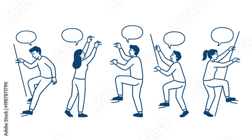 Group of people climbing a wall or ladder using ropes while communicating through speech bubbles during a team building activity.