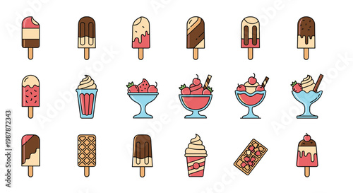 Extensive collection of colorful ice cream icons including popsicles, cones, waffles, and sundae bowls with different toppings.