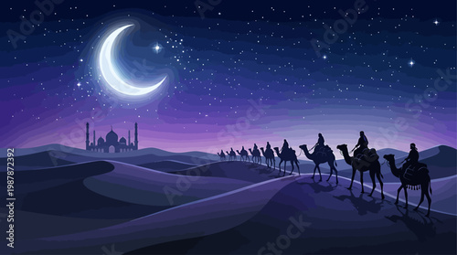 A Journey of Spirituality Camel Caravan Under the Crescent Moon Across the Desert at Night Depicting Ramadan and Islamic Faith With Mosque Silhouette