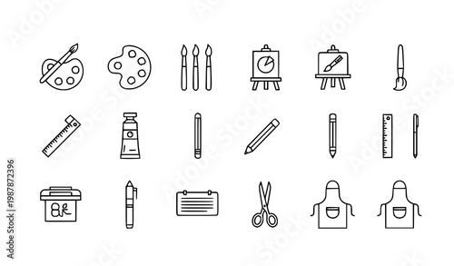 Art and craft supplies line icon set palette brushes easel scissors minimal outline vector isolated on white background
