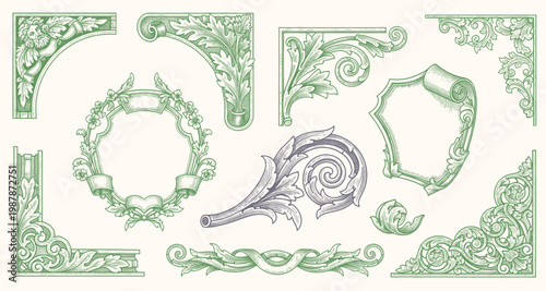 engraving illustration of victorian, rococo, baroque style elements. book cover, social media, t shirt design application