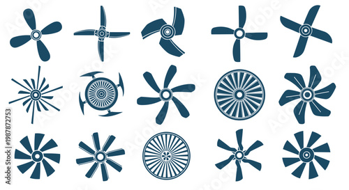 Comprehensive collection of different fan and propeller silhouettes used for industrial, marine, and aviation cooling purposes.