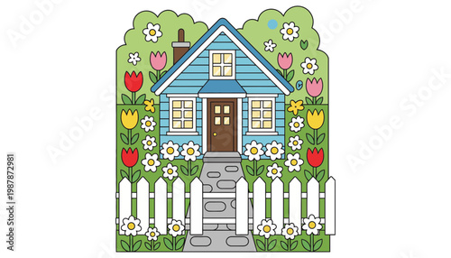 A blue house with a white picket fence and colorful flowers illustration