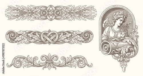 Vintage Victorian ornamental frame with detailed floral engraving, baroque scrollwork border, filigree leaf elements, classic heraldic design