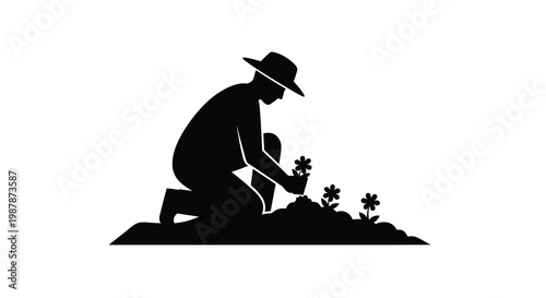 A gardener tending to flowers in a simple black silhouette