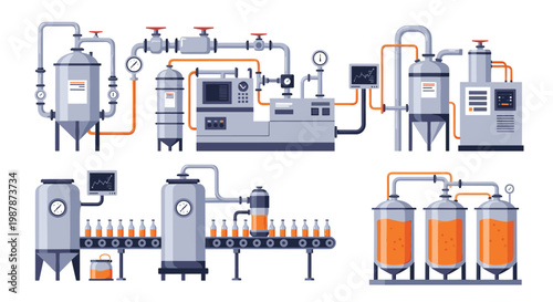 Detailed industrial illustrations of an automated bottling factory and production line for beverages with pipes and tanks.