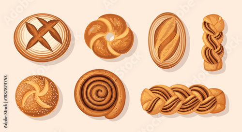 Appetizing collection of various bread and pastry types including buns, rolls, cinnamon swirls, and braided loaves on a light background.